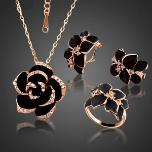 Fashion Rose Flower Enamel Jewelry Set Rose Gold Color Black Painting Bridal Jewelry Sets for Women Wedding