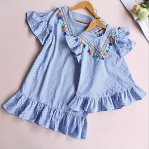 Baby Girl Family Matching Clothes Mom And Daughter Dress Nine Quarter Stripe Tassel Mini Mother And Daughter Outfits