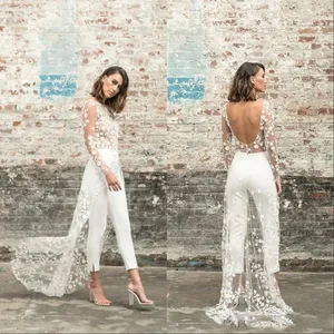 Sexy Jumpsuit Prom Evening Dresses with Overskirt Pants Arabic Dubai Lnng Sleeves Backless Formal Gown Ankle Length Outfit BC2632