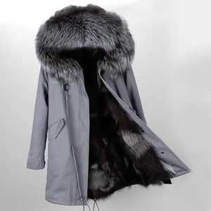 2019 Maomaokong brand silver fox fur trim hoody female snow coats black silver fox fur lining grey long parkas USA Norway