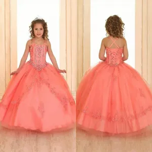 Custom Coral Crystals Beaded Girls Pageant Dresses Sleeveless Lace Organza Flower Girl Dresses Corset Back Pageant Gowns For Teens