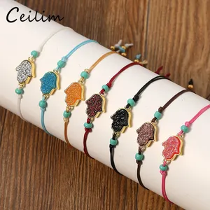 Boho Hand Resin Druzy Charm Woven Bracelets for Women Jewelry Handmade Colorful Wax Rope Adjustable Bracele Jewelry Gift with Card