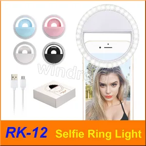 RK12 RK-12 Rechargeable Universal LED Selfie Light Ring Light Flash Lamp Selfie Ring Lighting Camera Photography For all phone cheapest 50pc