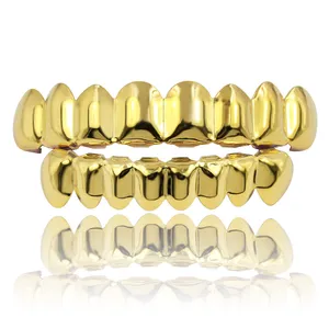 18K Gold Plated Gold Finish 8 Top Teeth and 8 Bottom Tooth Hip Hop Mouth Grills Set