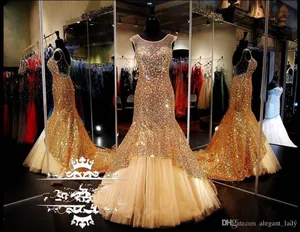 2020 Sheer Scoop Neck Prom Dresses With Tulle Train Sparkling Gold Sequined Mermaid Crystals Women Cheap Formal evening Pageant Dress