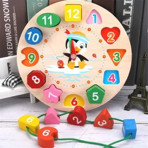 Montessori Cartoon Animal Educational Wooden Beaded Geometry Digital Clock Puzzles Gadgets Matching Toy For Children