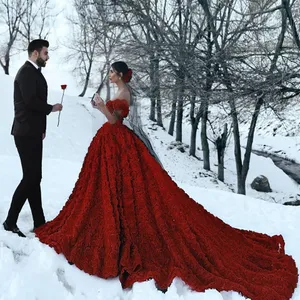 2023 Bridal Gowns Dark Red Wedding Dresses with 3D Rose Flowers Cathedral Train Arabic Middle East Church Off Shoulder Backless