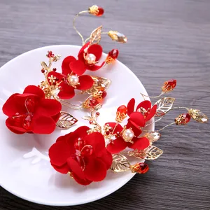Chinese Red Flower Bride Hair Pins Headpiece Hair Jewelry Women Girl Hairpin Tiara Barrette Bridal Wedding Hair Accessories