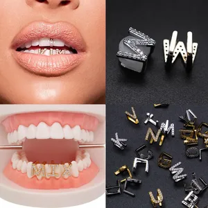 Gold & White Gold Iced Out A-Z Custom Letter Grillz Full Diamond Teeth DIY Fang Grills Bottom Tooth Cap Hip Hop Dental Mouth Teeth Braces