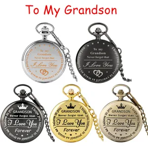 Retro Novel Silver/Gold/Black Pocket Watches I Love You Forever TO Grandson Mens Boys Quartz Analog Clock Pendant Chain Souvenir Gift Box