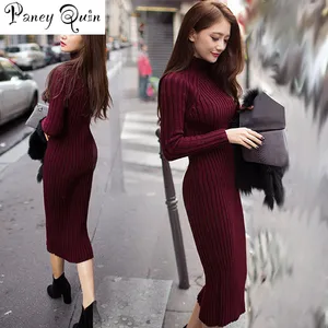 Women Winter Sweater Knitted long red Dresses Slim Elastic Turtleneck Long Sleeve Sexy Lady Bodycon Robe Dresses wholesale CJ191206