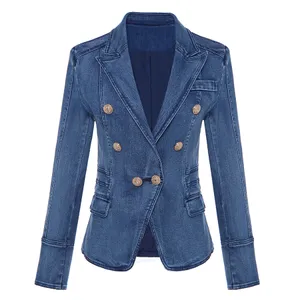 HIGH QUALITY New Fashion Designer Blazer Women's Metal Lion Buttons Double Breasted Denim Blazer Jacket Outer Coat