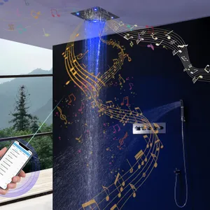 Bathroom Bluetooth Music Shower Set Ceiling Colorful LED Overhead Panels Rainfall Waterfall ShowerHead Thermostatic Mixer Diverter Faucets