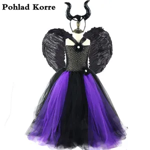 Kids Black Purple Maleficent Queen girls tutu dress halloween costume cosplay wing horn princess party girls dresses Up XX0 Y200226