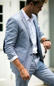 Smoking Blue Linen Men Suit Classic Summer Jacket Men Suits For Wedding Smart Casual Beach Prom Blazer Slim Jacket+Pants