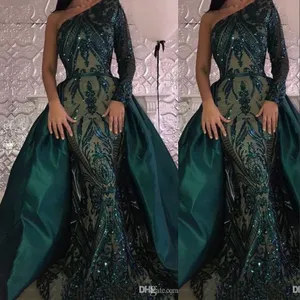 New Bling Emerald Green Sequined Mermaid Evening Dresses Wear Arabic One Shoulder Long Sleeves Sequins Overskirts Custom Party Prom Gowns