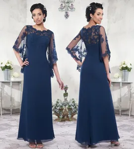 Custom Made Chiffon Mother of the Bride Dresses A Line Floor Length Evening Gowns Dark Navy Lace Mother's Dresses