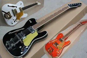 Factory Custom Semi-hollow Black&Orange&White Electric Guitar with Tremolo System,Gold Pickguard,Can be Customized