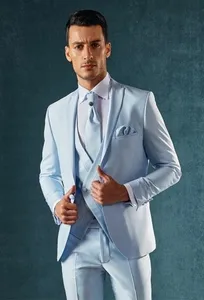 New High Quality One Button Light Blue Groom Tuxedos Peak Lapel Groomsmen Best Man Suits Mens Wedding Suits (Jacket+Pants+Vest+Tie) 896