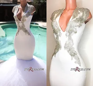 Newest White Mermaid Prom Dresses 2019 Short Sleeve Beaded Evening Formal Party Gown Pageant Dress Custom Made BC1584