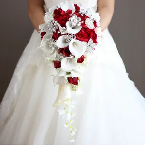 Cascading Bridal Bouquets Wedding Flowers with Artificial Pearls and Rhinestone White Calla Lilies Red Rose De Mariage Decoration Dropshipping