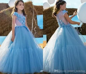 New Princess Blue Flower Girl Dresses A-Line Jewel Neck Sleeveless Floor Length Tiered Kids Pageant Gowns Applique Pearls Communion Dress