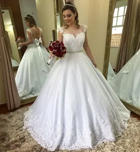 Stunning Bow Sash A Line Wedding Dresses Lace Appliques Backless Sweep Train Bridal Gown vestido de novia