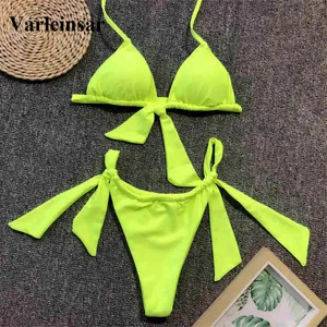 Neon Green Knotted Bikini Female Swimsuit Women Swimwear Two-pieces Bikini set Bather Halter Bathing Suit Swim Wear V1296