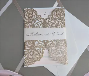 Laser Cut Invite for Wedding, Glitter Rose Gold Wedding Invitations with Belly Band Free Printing