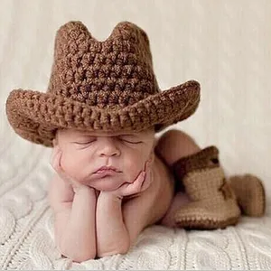 Baby photography props cow boy costume crochet hat shoes newborn outfit baby caps infant girl boy photo fotografia accessories new born prop