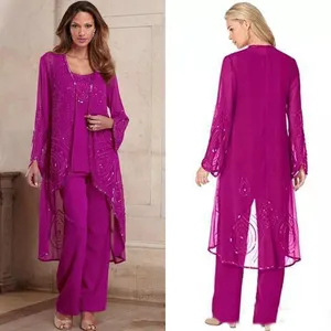Plus Size Fuchsia Mother Of Bride Pant Suit Three Pieces Chiffon Mother Formal Wear Beaded Special Occasion Mothers Pantsuit With Jacket