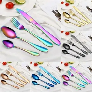 4pcs/set Stainless Steel Flatware Sets Knife Fork Teaspoon Dinner Spoon Dinnerware Cutlery Sets Camp Kitchen 5 Colors 100set T1I1793