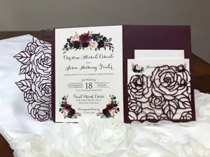 Hot Sale Plum Rose Trifold Laser Cut Wedding Invitations Elegant Pocket Wedding Invite Burgundy Wedding Invitation Jackets with Belt
