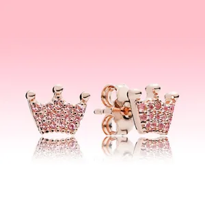 Pink Crown Stud Earrings small cute Women summer Jewelry Rose gold Earring with Original box for Pandora 925 Sterling Silver Earring
