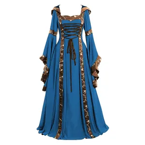 Vestido medieval renacentista de Halloween para mujer, con mangas de trompeta, gótico, retro, irlandés, victoriano, Café Vestido medieval renacentista de Halloween para mujer, con mangas de trompeta, gótico, retro, irlandés, victoriano, Café