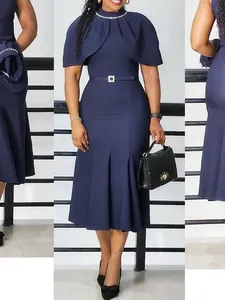 navy blue dress long sleeve NAVY BLUE LONG SLEEVE TRAPEZOID NECKLINE BODYCON FULL DRESS | CULT MIA
