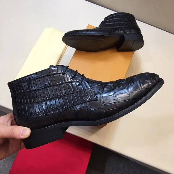 Hot Sale-High-end Mens 100% Genuine Leather Ankle Boot Crack High Top Lace Up Four Seasons Shoes Men Wedding Party Shoes Square Heel