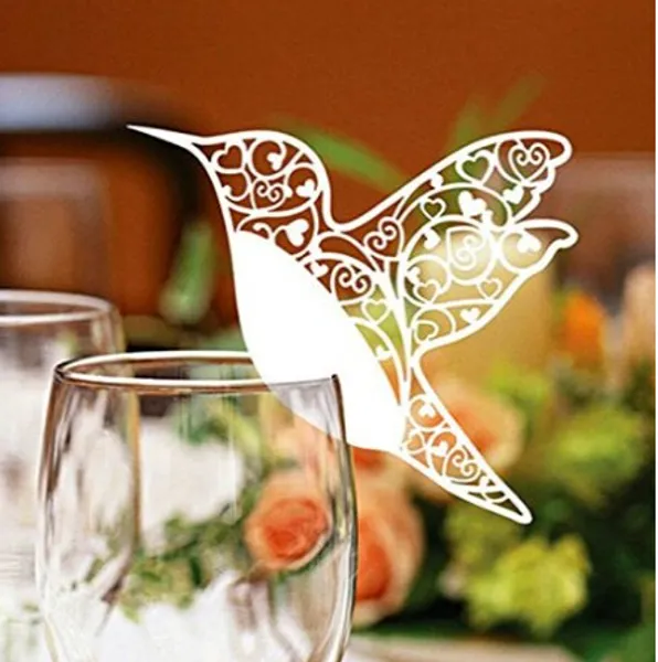 50 White Humming Birds Wedding Table Name Place Cards Wine Glass Party Decoration Favor