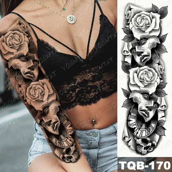 Emovary Tatuaże Duży Rękaw Tatuaż Zegary Rose Eye Lion Wodoodporna Tymczasowa Tatto Naklejka Kwiat Time Body Art Full Fake Tatoo Wom ...