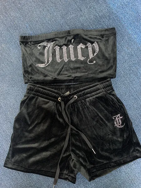 Pantalon de deux pièces pour femmes Juicy Apple Velvet Sexy avec perceuse Mode Tube Crop Top Casual Cordon Shorts Ensemble Lâche Vêtements d'été Survêtement