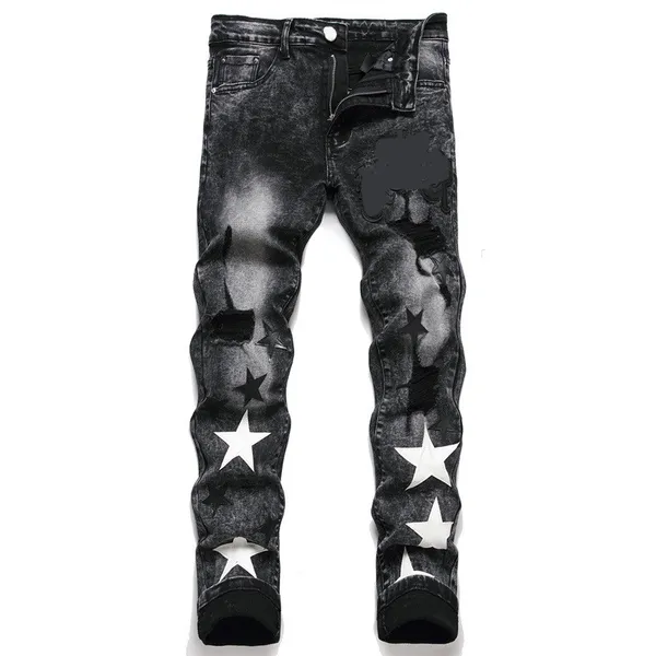 DHgate.com:Stars Embroidered Black Ripped Biker Denim Jeans