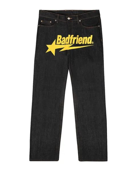 23ss Jeans para hombre Y2k Hip Hop Badfriend Impresión de letras Pantalones negros holgados Harajuku Moda Punk Rock Pantalones de pie ancho Streetwear fm