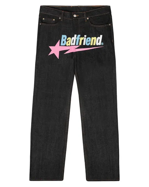 Jeans viola da uomo Y2k Badfriend Hip Hop Lettera stampata Pantaloni neri Uomo Donna Moda Casual Rock Wide Foot Pantaloni larghi Streetwear c235