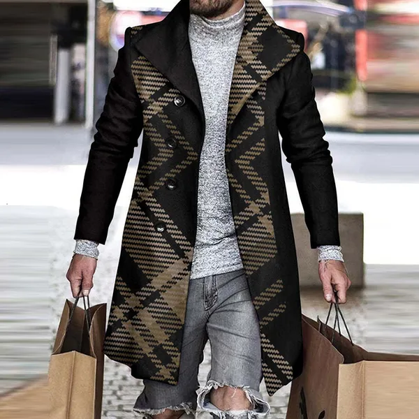 Vintage Striped Print Mens Winter Coat Thick Fleece, Loose Fit, Turn ...