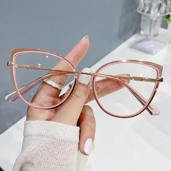 Solglasögon Retro Cat Eye Anti-Blue Light Glasses Women Men Computer Optical High Quality Metal Frame Plain2ZV8