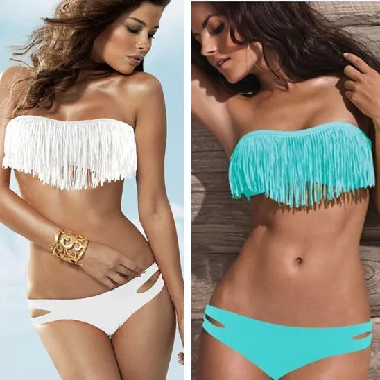 12 Color Boho Fringe Bandeau Bikini Set Padded Tassel Bra for Women