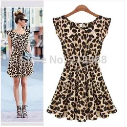 Atacado-2015 Camisola Feminina Elegante Clássico Vintage Sem Mangas PinUp Leopard Solto Casual Verão Mini Imprimir Vestidos S M L XL XXL