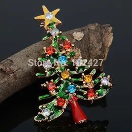 Wholesale-5pcs /ロット卸売ファッションアクセサリー18Kゴールドメッキクリスマスブローチピン付きラインストーングリーンツリー