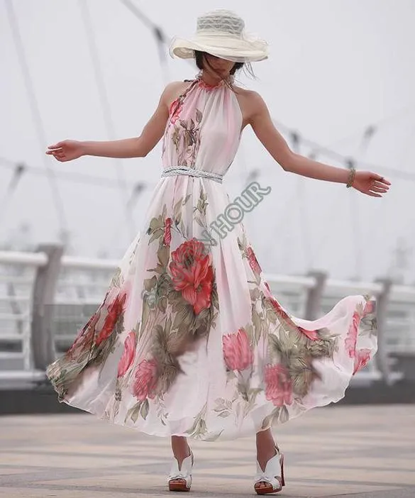 Sleeveless chiffon maxi rotory dress