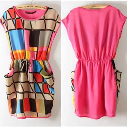 Wholesale-Womens Chic Colorful Geometric Pattern Sleeveless Mini Dress Round Neck Dress For Freeshipping